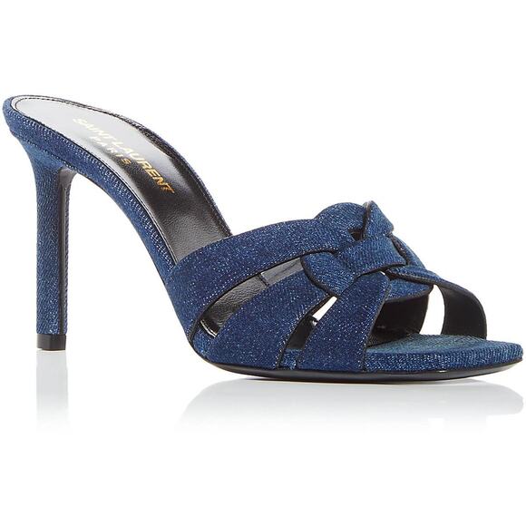 Saint Laurent YSL Tribute Woven Denim Heel Sandal Mules 36.5 NWT - Picture 1 of 9
